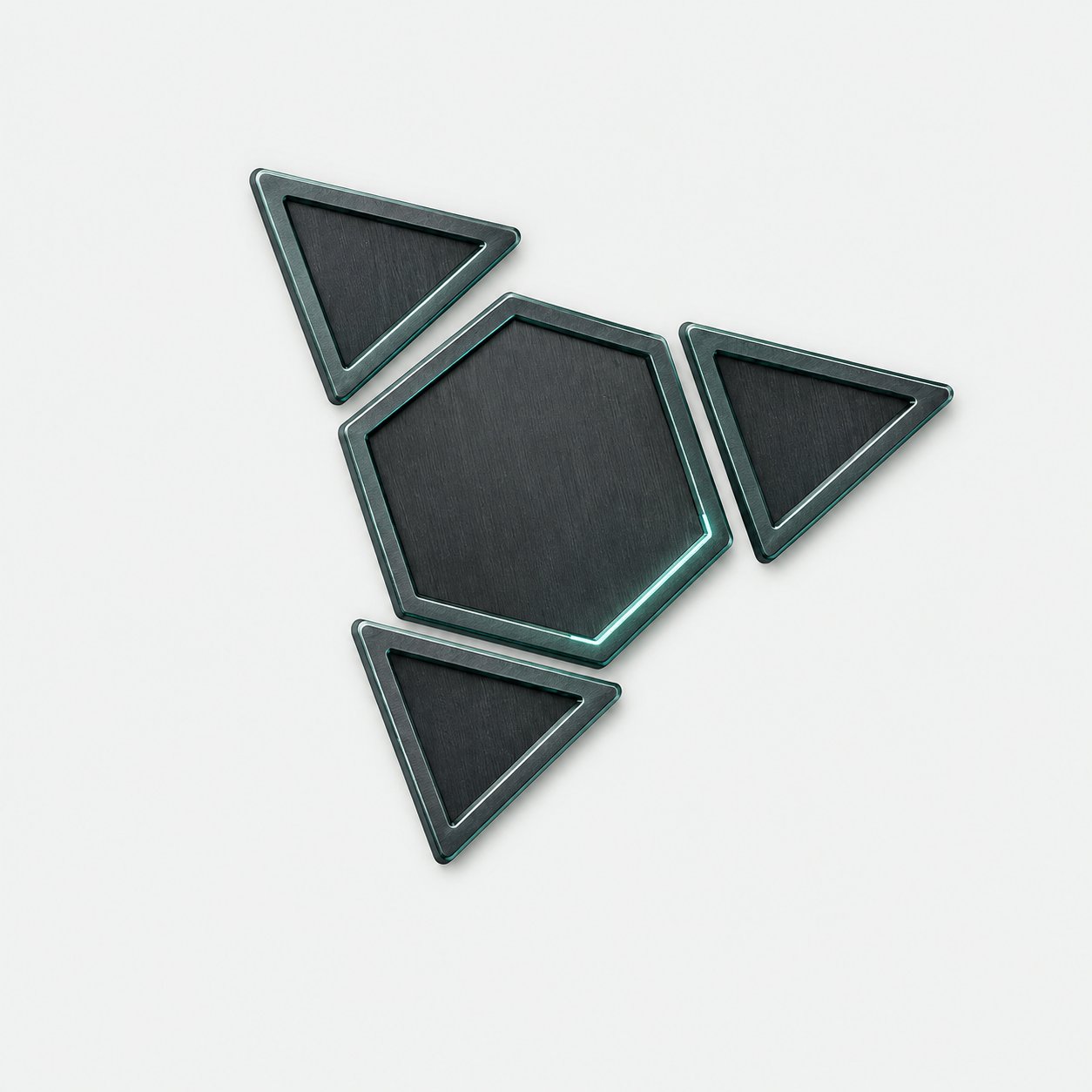 Centram emblem: a graphite hexagon with three detached triangular satellites